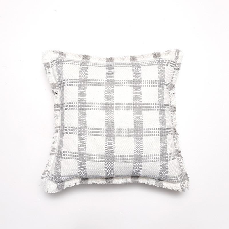 

Chic Pillowcase Only Polyester Cotton Blend Plaid Fringed Cushion Cover For Sofa Bedroom Modern Style WhiteGray