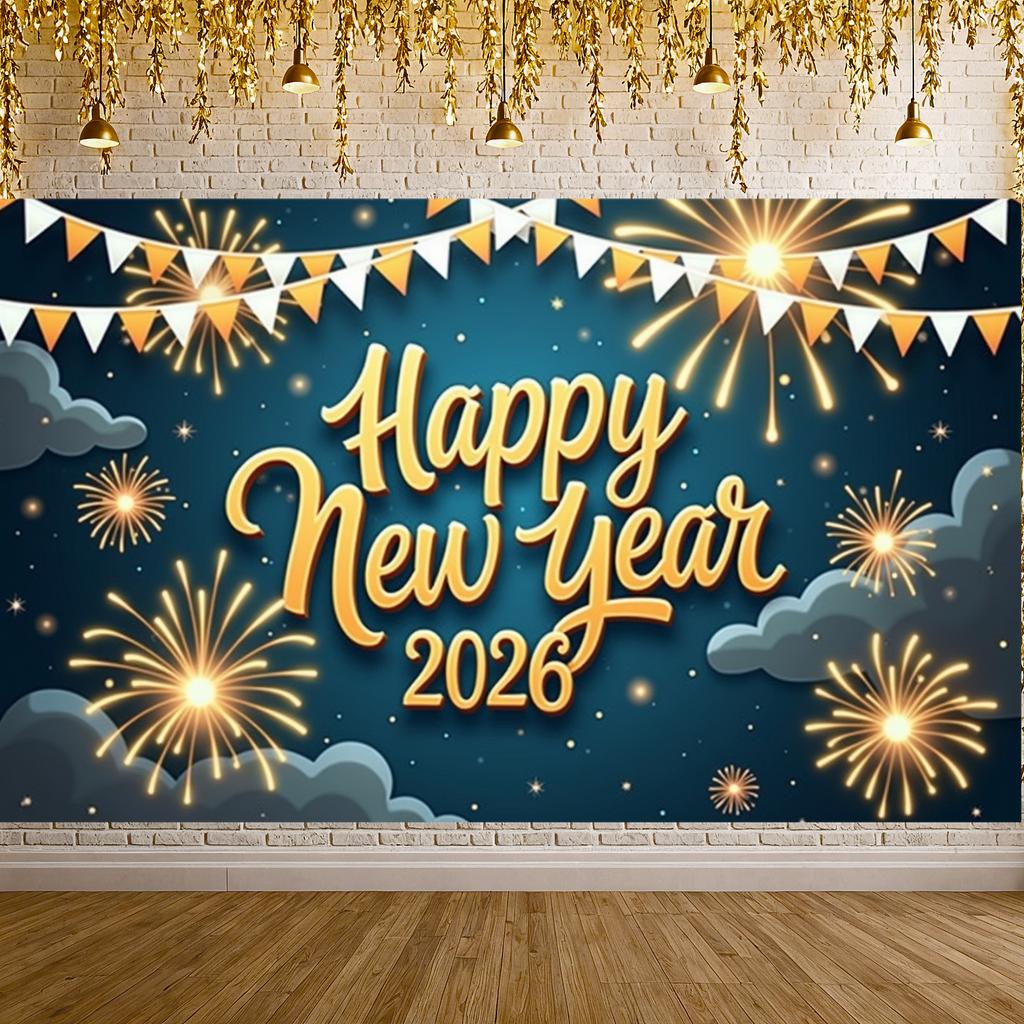 New Year Decor Banner Pattern Festive Display Holiday Background Gold Lettering Year Celebration Backdrop For New Year Eve