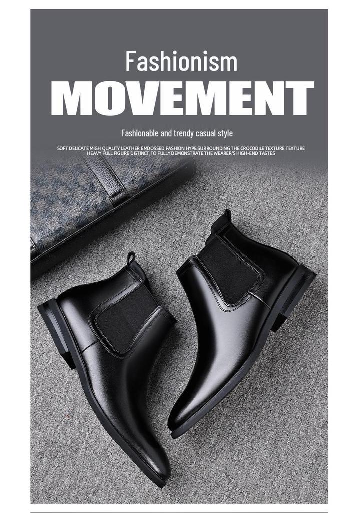 Chelsea Pointed Toe Leather Boots: Fashionable Slip-on, Korean & British Style Business Men's Plus Size Shoes.