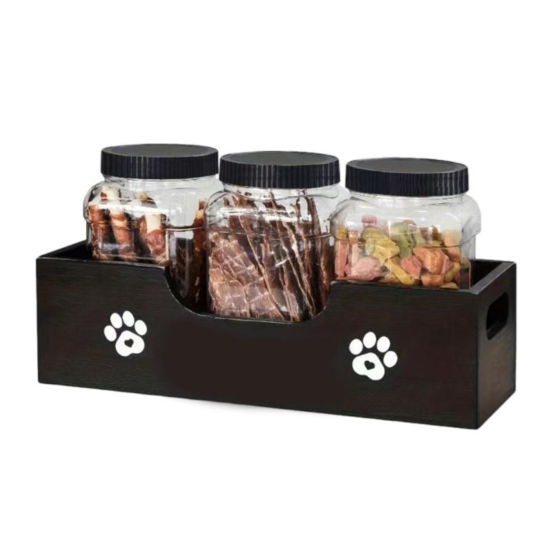 

User friendly Wooden Pet Snacks Storage Box Featuring 3 Sealable Containers For Multiple Pet Household Organization чёрный