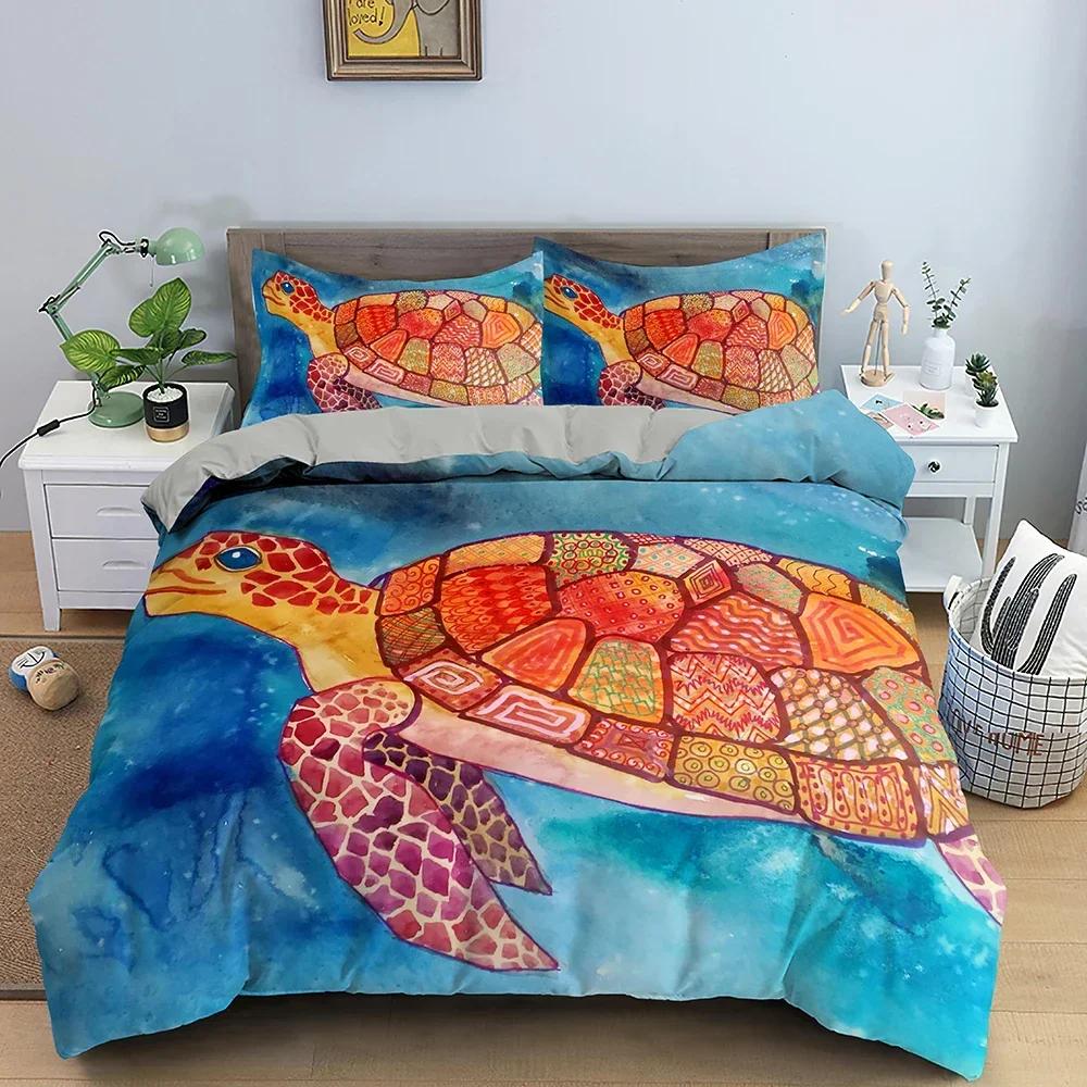 3D Havssköldpadda Psykedeliskt Djur Bekvämt Täcke Quiltöverdrag Örngott Sängkläder Set Barn Sovrumsdekoration Hemtextil
