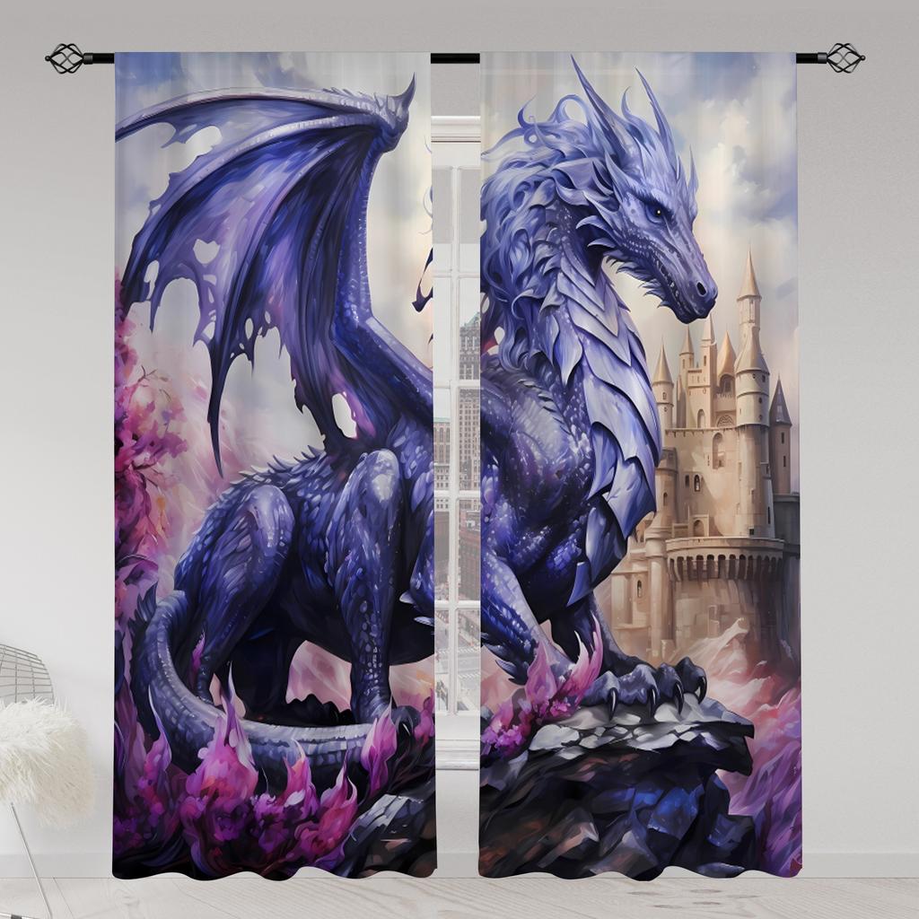 2 Panels Purple Dragon Curtains Fantasy Castle Printed Drapes Polyester Living Room Bedroom Home Decor