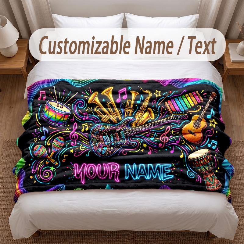 Music General Theme Soft Blanket Personalized Custom Name Text Print Warm Blanket Home Sofa Bedroom Decor
