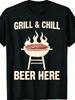 100% Cotton Crewneck Short Sleeve T-Shirt Grill & Chill Beer BBQ Graphic Art Print Retro Vintage