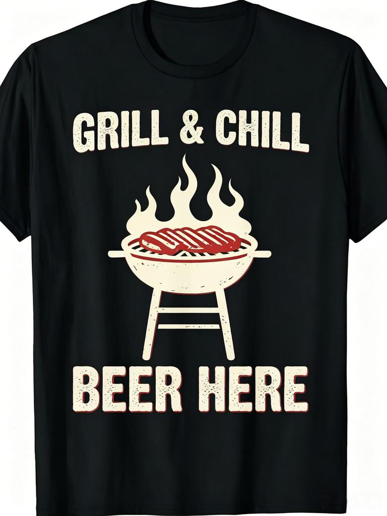 100% Cotton Crewneck Short Sleeve T-Shirt Grill & Chill Beer BBQ Graphic Art Print Retro Vintage