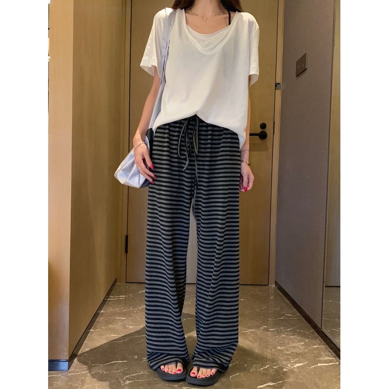 

Kumikumi Idle Style Vintage Stripe High Waist Casual Pants Women s Autumn Loose Easiest for Match Drooping Wide-Leg Pants Black gray Stripes XL