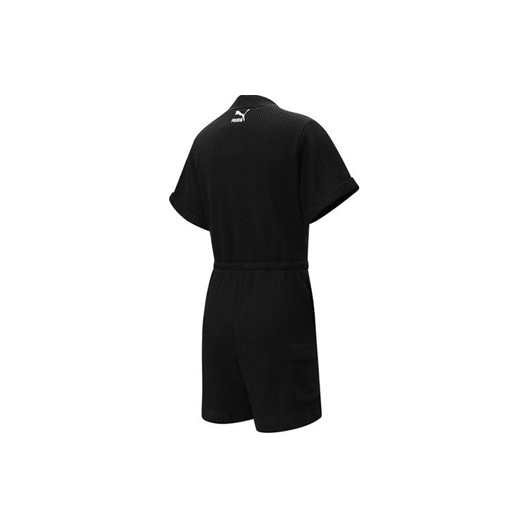 Puma Glamping Romper Solid Color Waist Cinched Logo Short Sleeve Jumpsuit Women Jumpsuit Black 536890-01