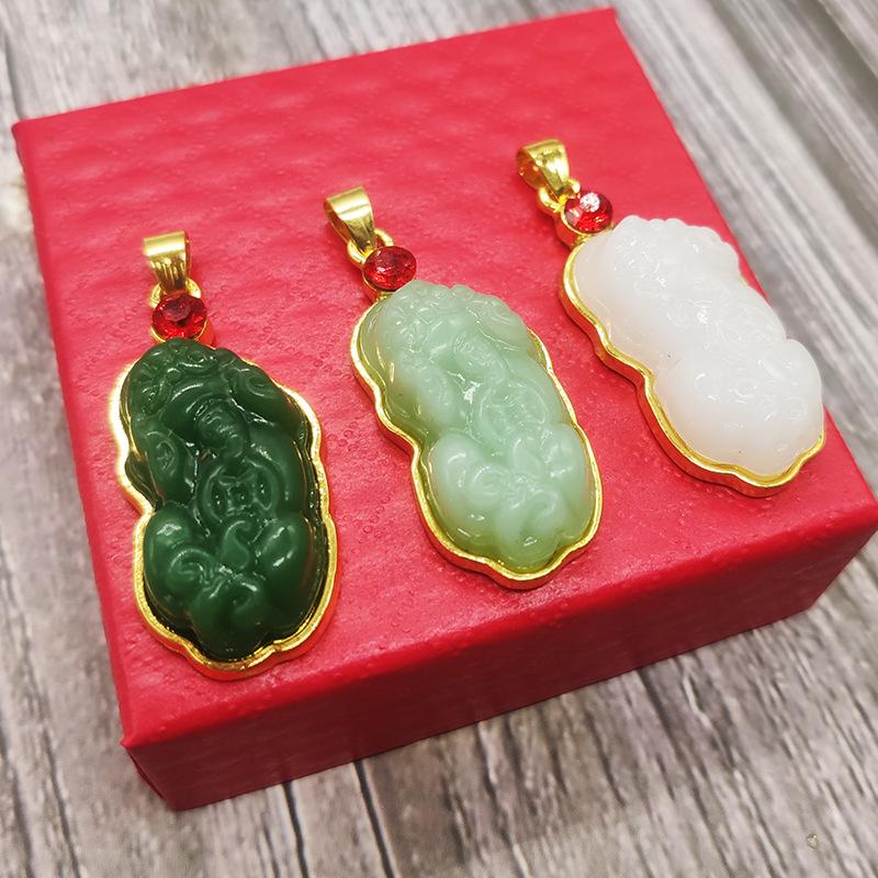 Gold-Inlaid Jade Guanyin Buddha Pendant Necklace - Ethnic Style for Men and Women