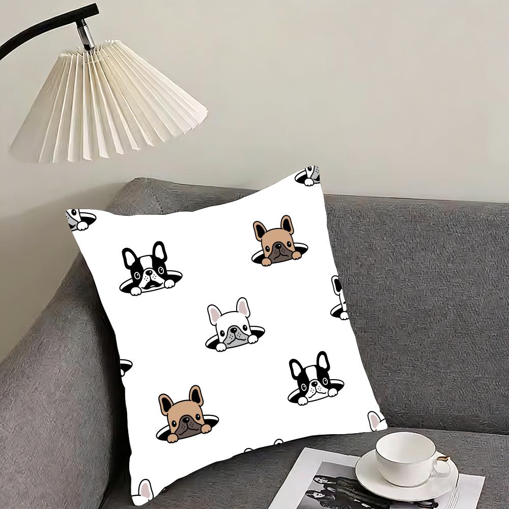 Cartoon French Bulldog Pattern Cushion Cover Reversible Plush Pillow Cover – For car, sofa, bedroom, perfect as a gift.