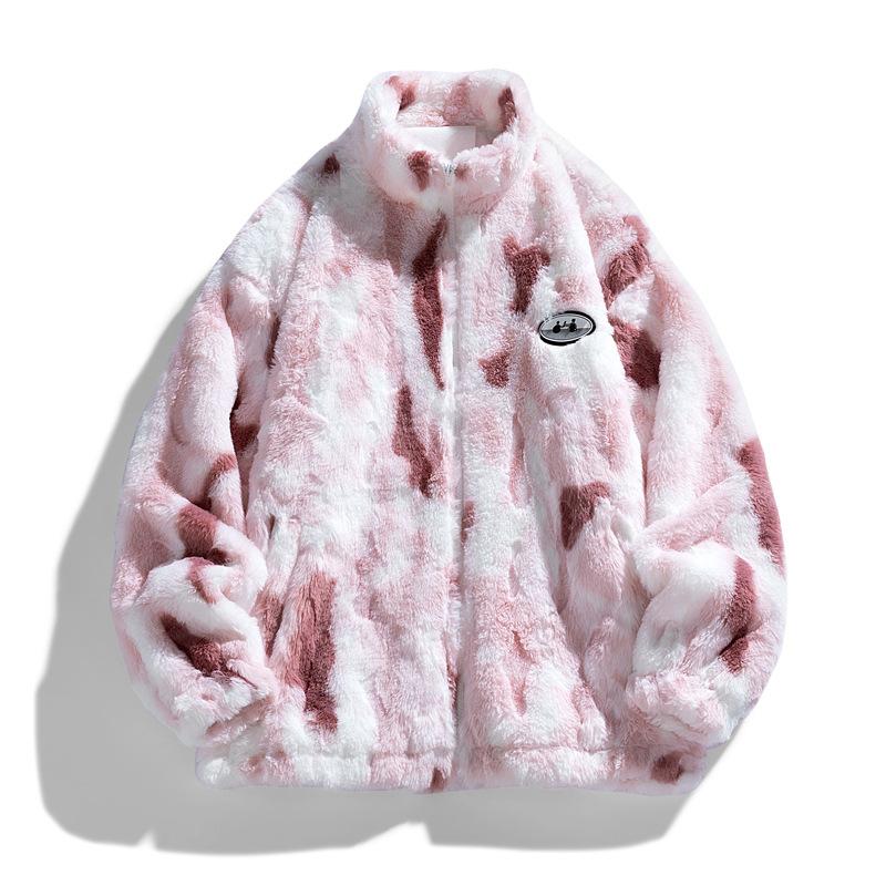 Lamb Wool Coat Men's and Women's Autumn and Winter New Loose Tie-dye Warm Thickened Couple Stand-up Collar Jacket