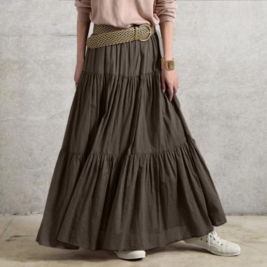 Women Maxi Skirt High Waist Ruffle Splicing Large Hem Long Skirt Pure Color