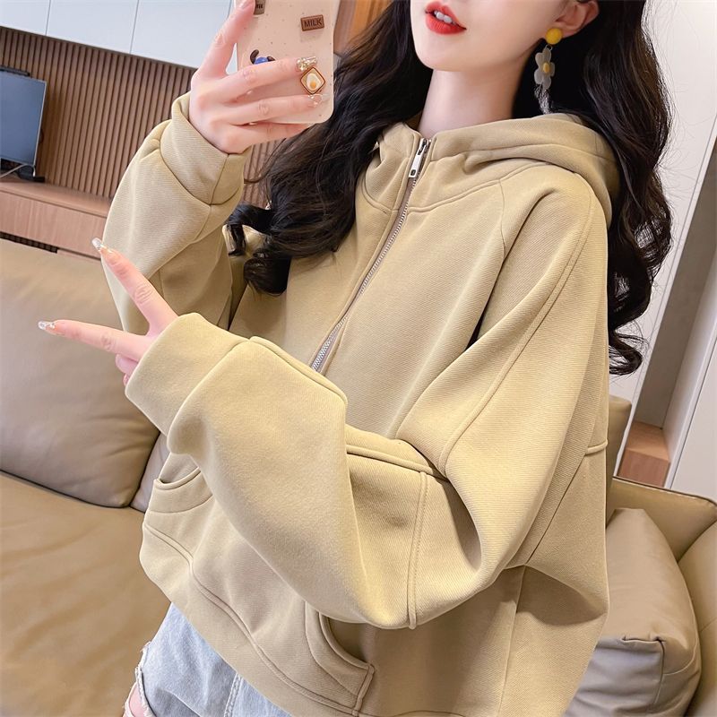 

Hooded Sweater Women s New Autumn and Winter Loose and Thin Small Short Half-zipper Jacket 2XL