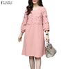 ZANZEA Women Casual Round Neck 3/4 Sleeve Loose Splice Dress