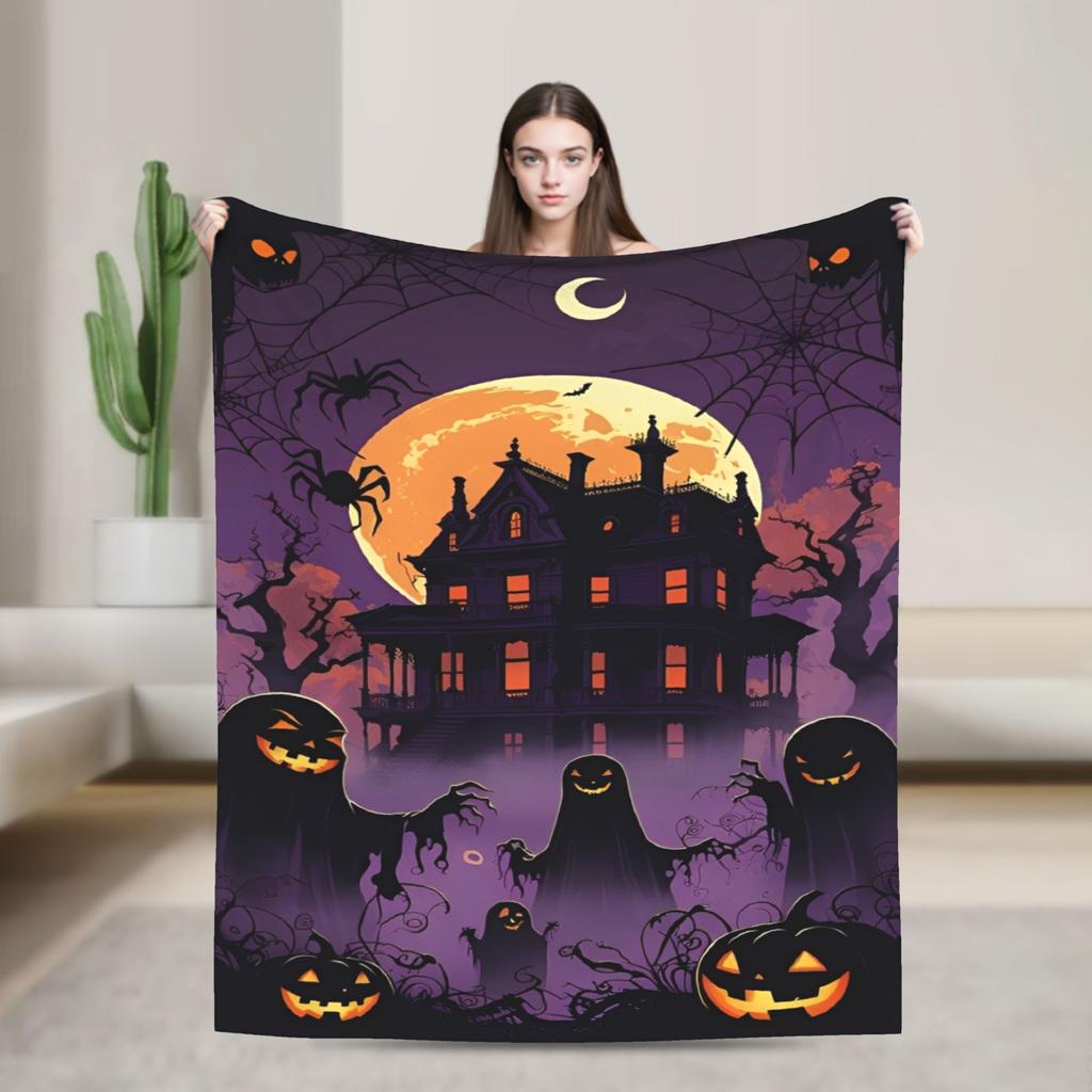 Halloween Spiders Web Bats Pumpkins Spooky  Blanket Super Soft Coral Fleece Plush Cozy Gift  Throw Blankets Bedding Throws