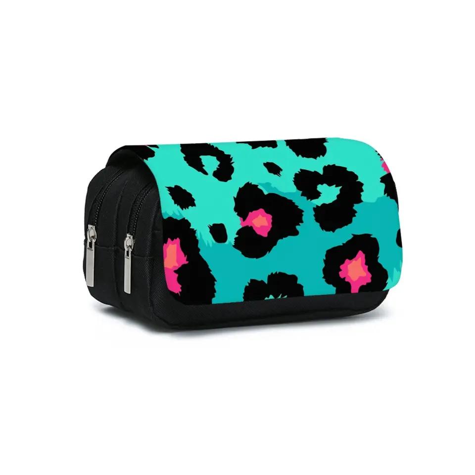 Pink Leopard Pattern Double Flip Fabric Unisex Best Gift 3D Pencil Pouch School Office Use Children