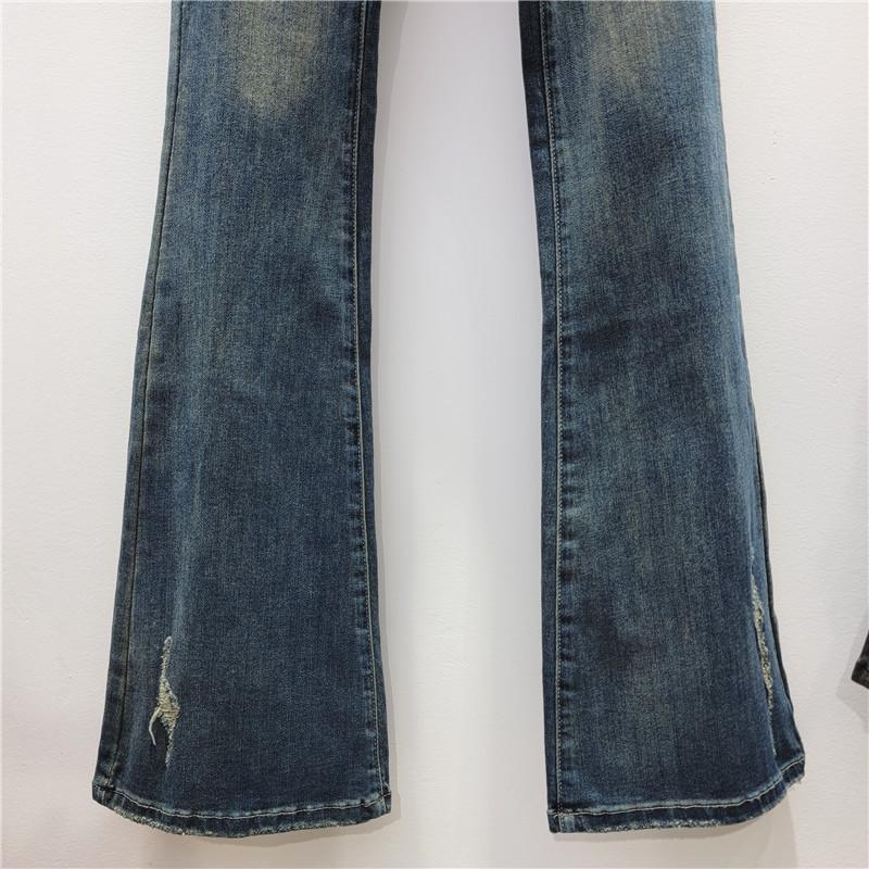 American retro washed old jeans women's summer spice low waist rough edge micro-horn mopping floor wide leg pants tide