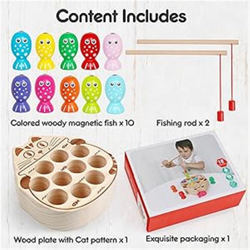 Wooden Magnetic Fishing Game Toy, Montessori Fine Motor Skill Learning Toy for Kids 3+, Color Matching Educational Gift for Boys Girls