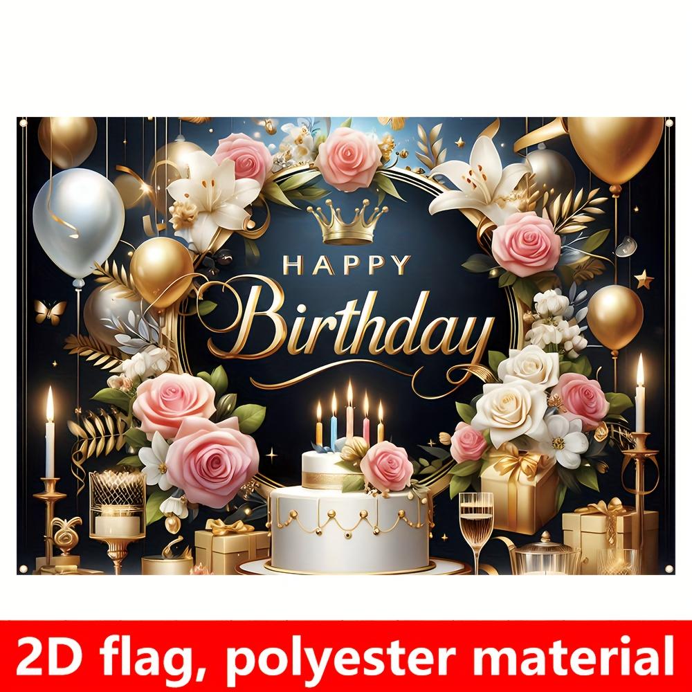 1 Piece, Elegant Birthday Flag, Floral and Gold Design, with Cake, Gift and Candle, Birthday Party Decoration