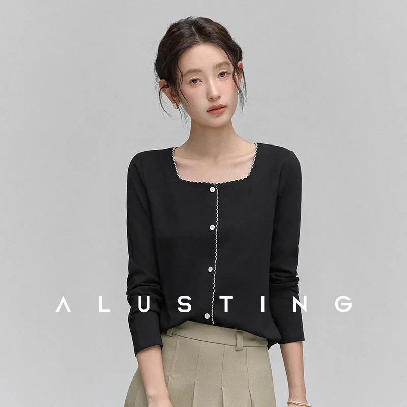 

Women s Black Square Neck Long Sleeve Knit Top, Faux Button Front Slim Fit Sweater, Elegant Casual Pullover L чорний