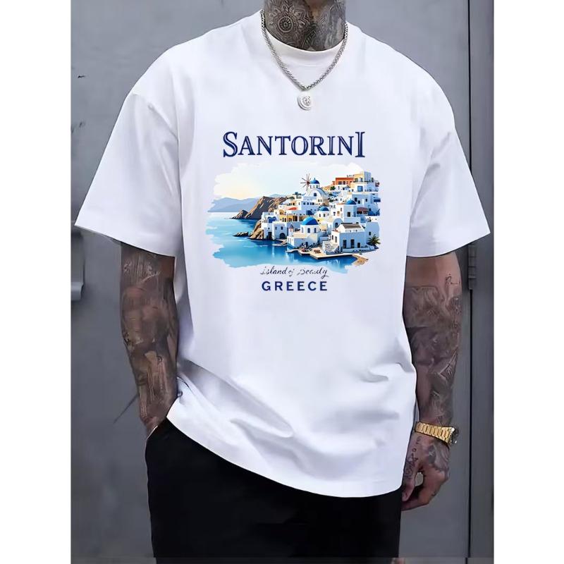 Pánské tričko s krátkým rukávem a kulatým výstřihem s potiskem Santorini, ideální pro ležérní a pohodlné každodenní nošení, vyrobené z prodyšné látky