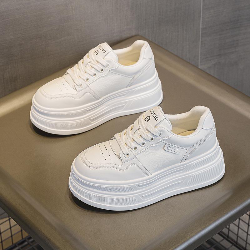 Women's Thick-Soled Height-Boosting White Leather Sneakers - Lightweight, Versatile, and Comfortable Platform Casual Shoes.