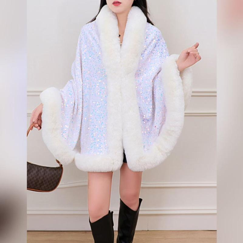 Autumn and Winter Plus Velvet Thickened Big Fur Collar Sequined Shawl Women's Fashion Short Cloak Top