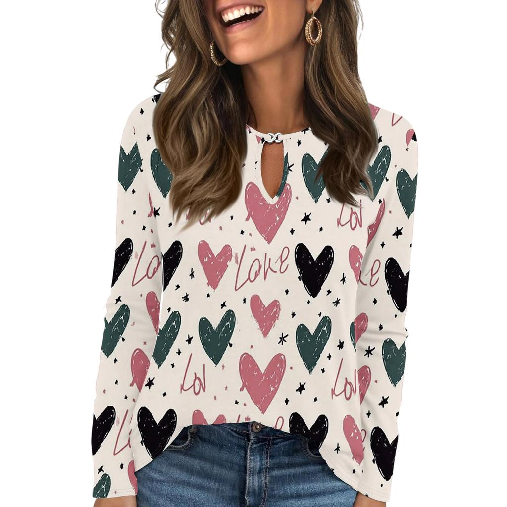 Women's Casual Round Neck Hollow,out Pullover Long Sleeve Valentine's Day Heart Print T,shirt Top