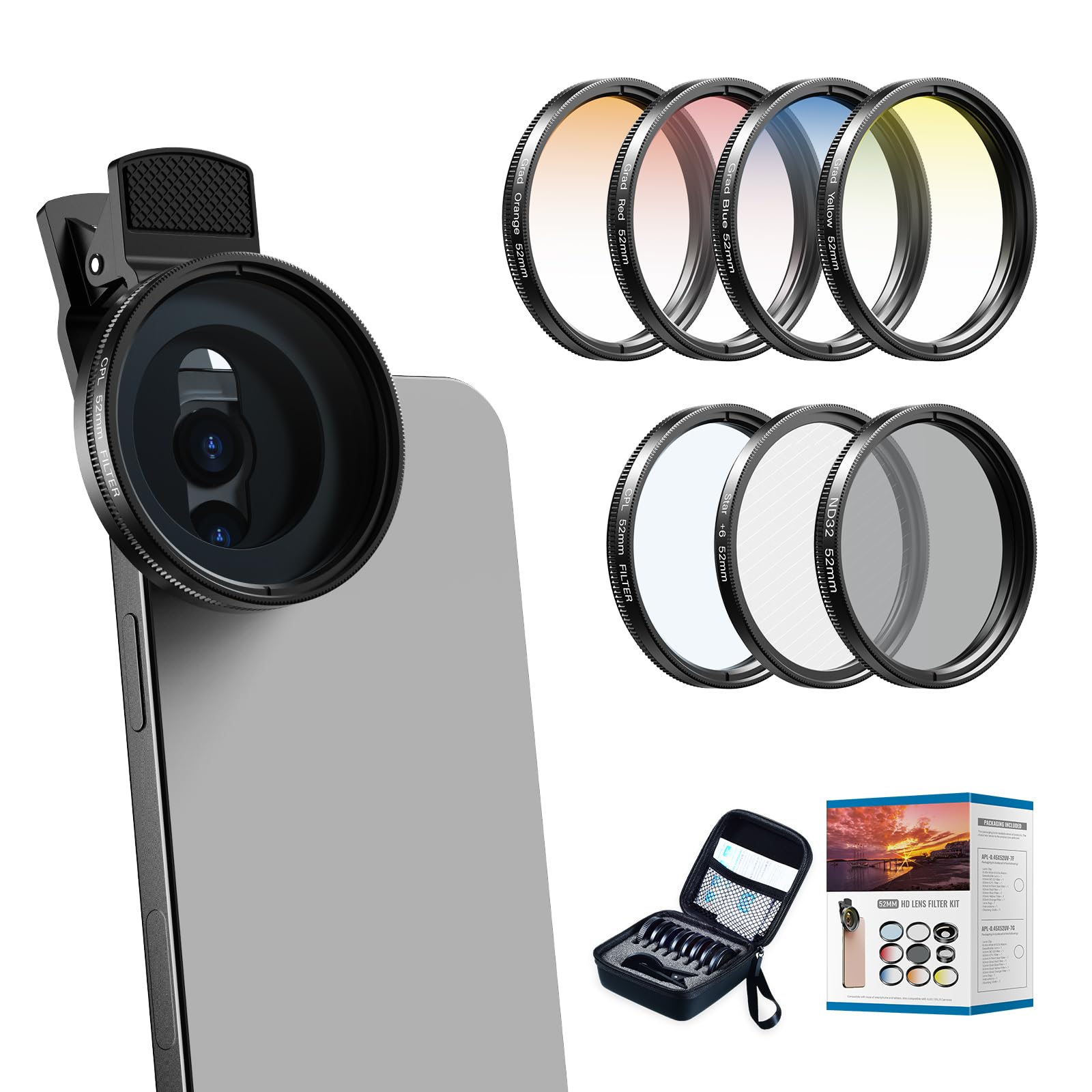

APEXEL Smartphone Lens Filters 52mm Lenses with Color Includes Easy to Simply Clip onto Your Compatible with and (7-Pack) CPL+ND32+Star