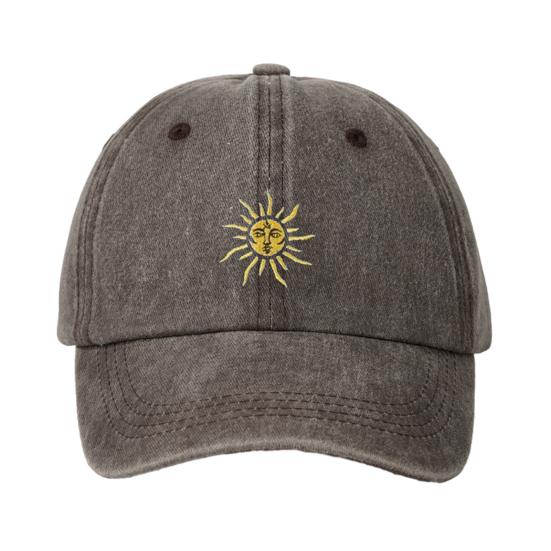 Yousheng Stickerei Sonnenmuster Baseballkappe, Verstellbare Hintere Schnalle Retro Used-Look Baseballkappe, Gewaschenes Baumwollgewebe Outdoor Sonnenschutzkappe
