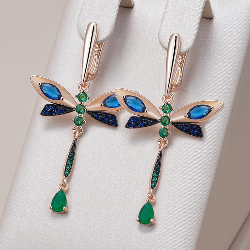 Blaue Natürliche Zirkon Libellen Hängeohrringe für Frauen Roségold und Schwarzgold Farbe Vintage Täglicher Feinschmuck