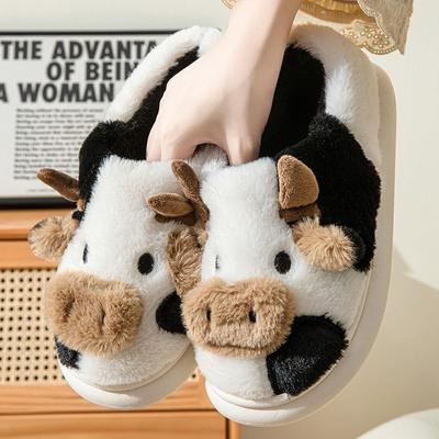 Grandes tailles 36-45 Pantoufles Unisexe Vache Laitière Femmes Chaussons de Maison Mignon Animal Vache Peluche Diapositives Plates Mocassins d'Intérieur pour Femmes Maison