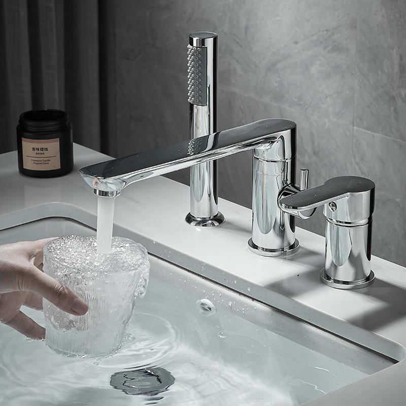 Brushed Gold Bathroom Widespread Basin Faucets Soild Brass Sink Mixer Hot & Cold Lavatory Crane Vessel 3 Holes With Spray Black