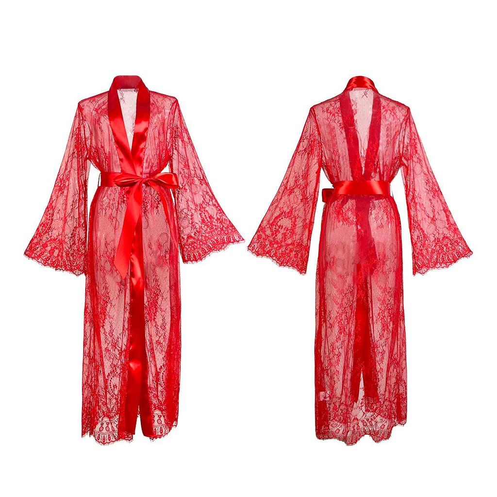 Feiyun Sexy Lace Trim See-Through Nightgown Pajamas Women's Outerwear Home Wear