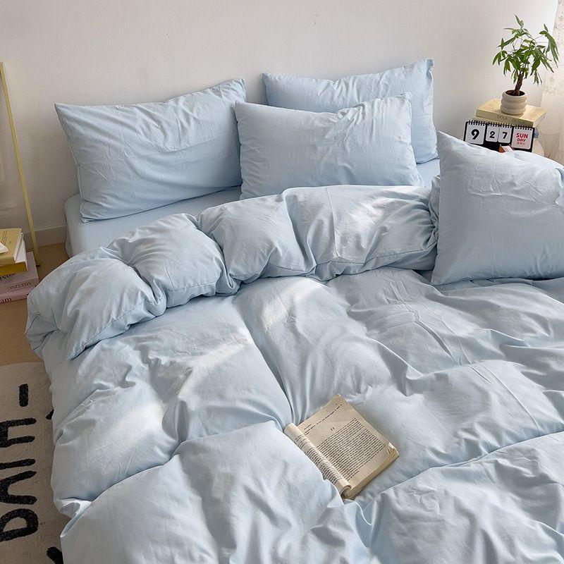 INS Korean Style Fresh Blue Duvet Cover Washed Cotton Bed Sheet Bed Skirt Four-Piece Set Dormitory Simple Solid Color