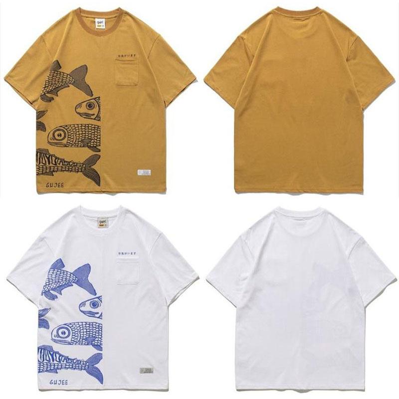 Japanese Cotton T-shirts Mackerel Print Patchwork Tees Summer Oversized O-neck Short Sleeve Casual Shirts Men Clothing