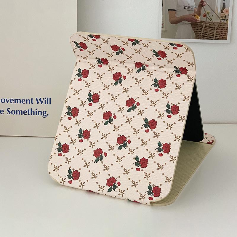 Tisch-Make-up-Spiegel Floral PU-Leder Schlicht Tragbar Handspiegel Faltbar Studenten Kompakt Niedlich Taschenspiegel