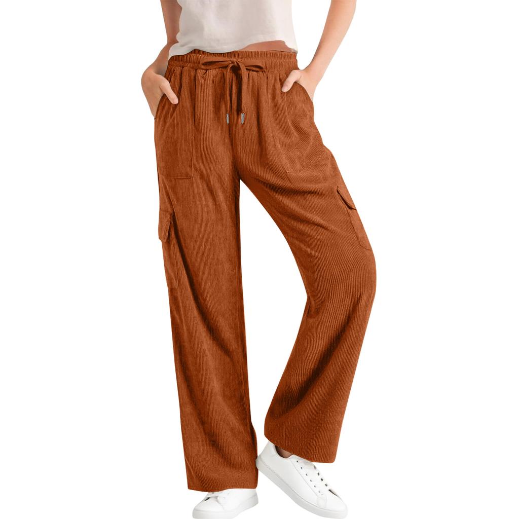 Women's Corduroy Casual Pants High Waist Elastic Drawstring Loose Workwear Wide Leg Pants With Pockets