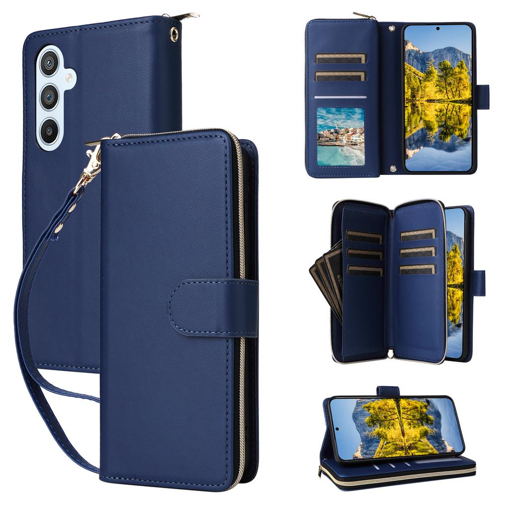 R20 For Samsung Galaxy A54 5G Case 9 Card Slots PU Leather Phone Cover with 2 Straps