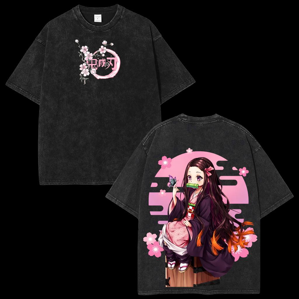 Nezuko Kamado Demon Slayer Anime Washed T-Shirt Men Women Vintage Oversized Streetwear Streetwear Y2k Manga Graphic Short Sleeve Female Male Clothing
