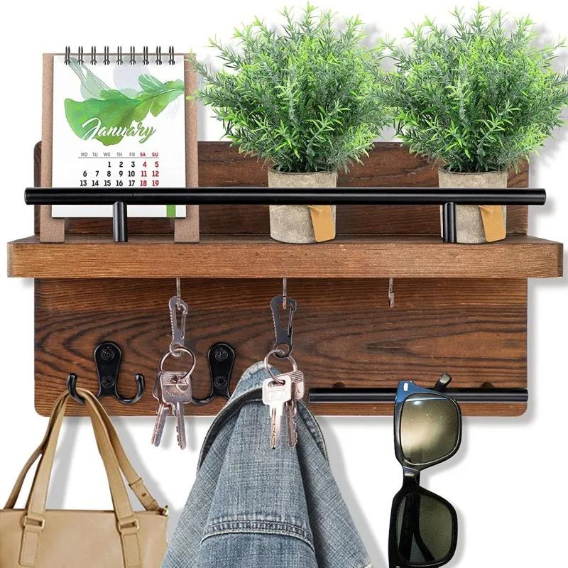 Suport de chei din lemn retro pentru agățat pe perete cu 5 cârlige Raft organizator multifuncțional Decor pentru casă Pentru hol Intrare