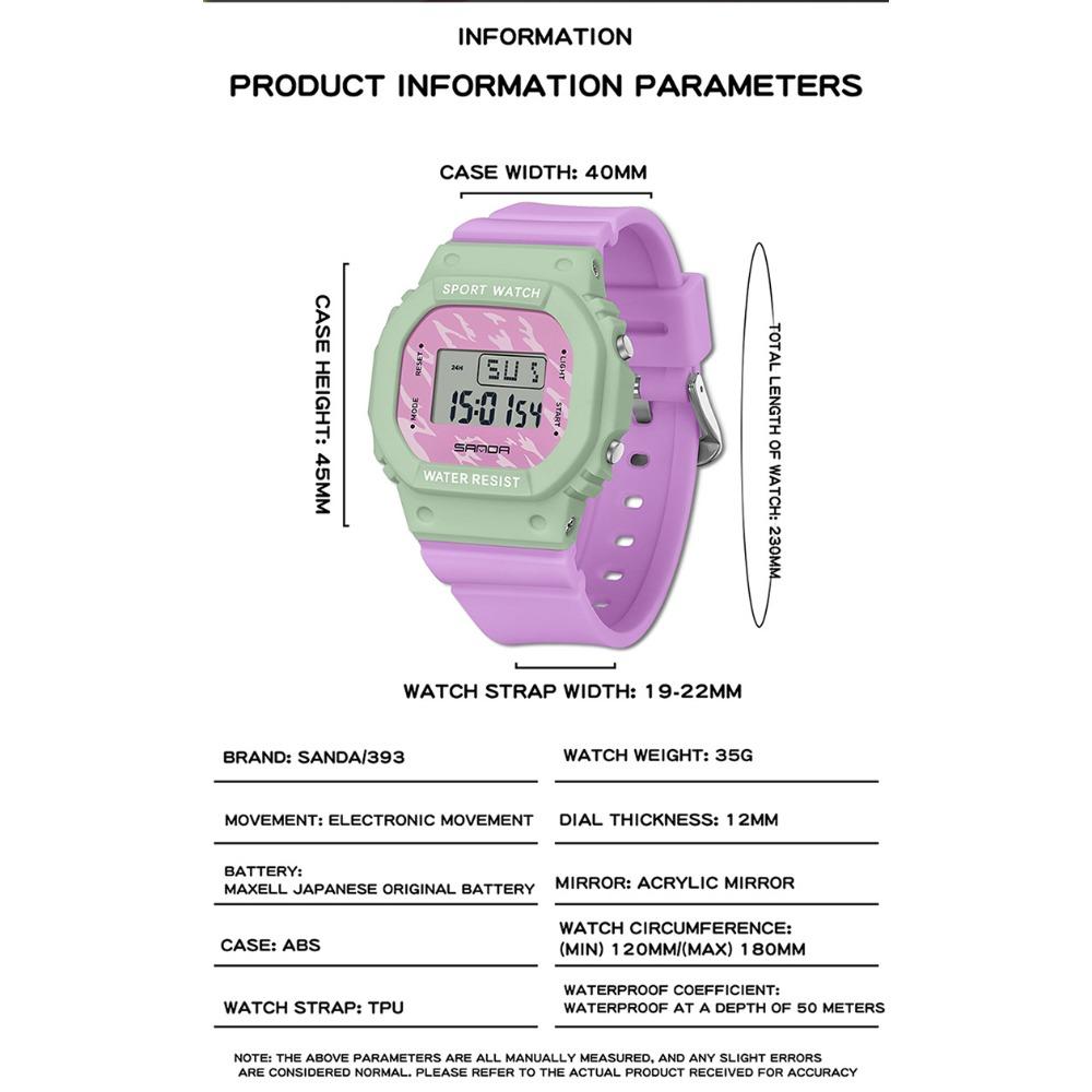SANDA Square Electronic Watch Colourful Creative Personality Candy Colour Waterproof Alarm Clock Electronic Watch