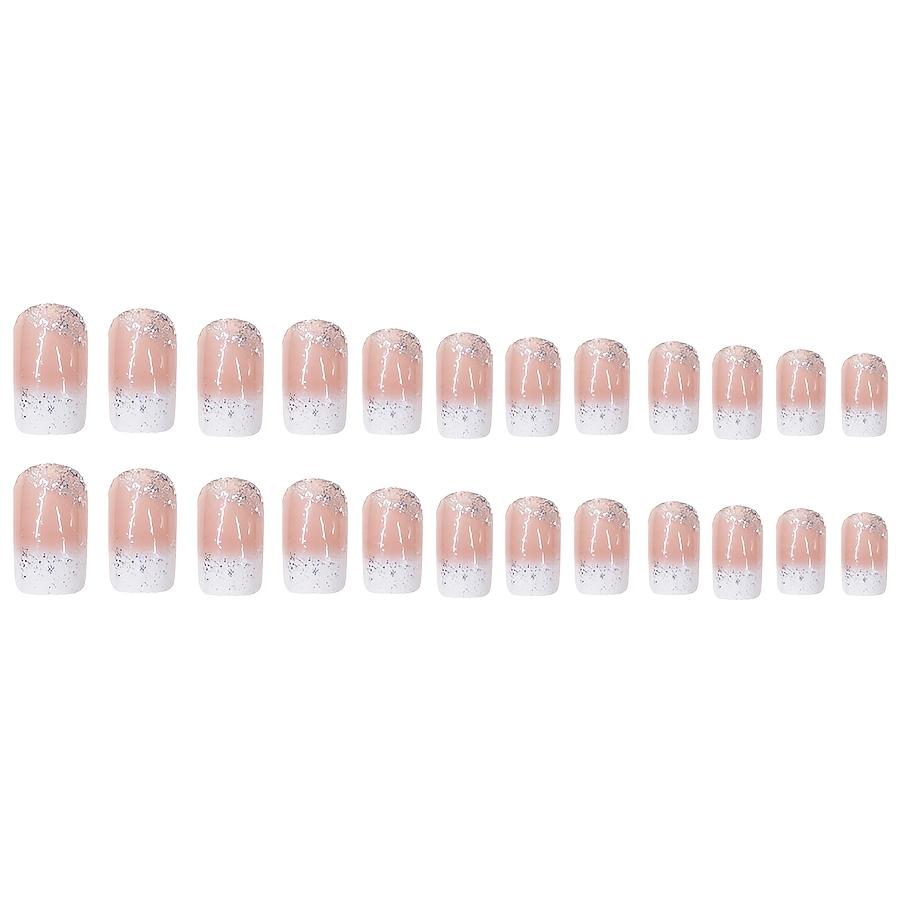 24pcs Medium Long Shiny Square Sparkling White French Style Wearing Nail, Gentle and Sweet Fake Nail, Women's Bridal Nail Art