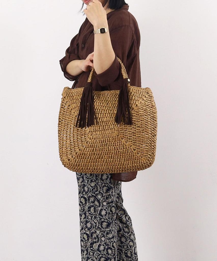 Cuco Paper Tassel Handle 2-Way Basket BagA4 Compatible, 2413112064, Camel (144cm)