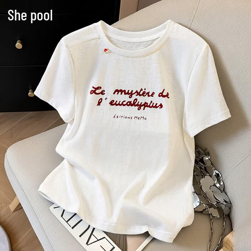 Ta Chi Women s Simple Letter Print Round Neck T-Shirt L
