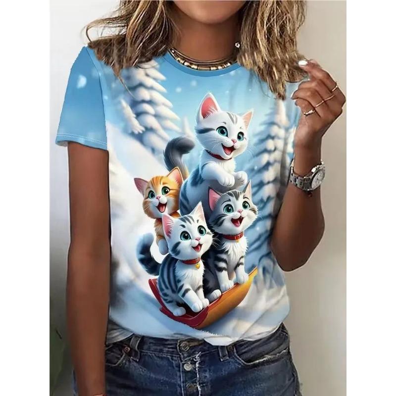 Summer Round Neck 3D Cute Cat Pattern Print Top Fashionable Casual Short Sleeved Women's T-shirts