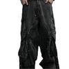 Distressed Denim Cargo Pants With Multiple Pockets Tassel Details Loose Wide Leg Straight Cut Men Women