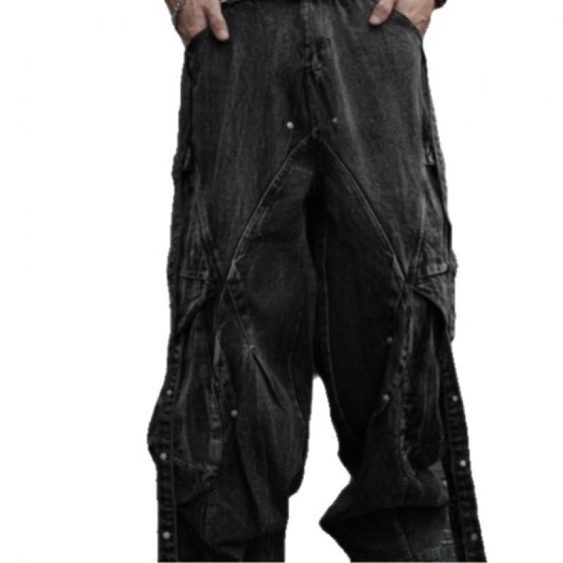 Distressed Denim Cargo Pants With Multiple Pockets Tassel Details Loose Wide Leg Straight Cut Men Women