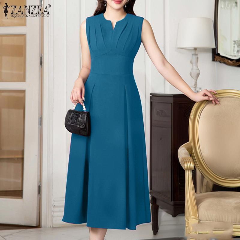 ZANZEA Womens Summer Casual V-Neck Solid Color Sleeveless Dress