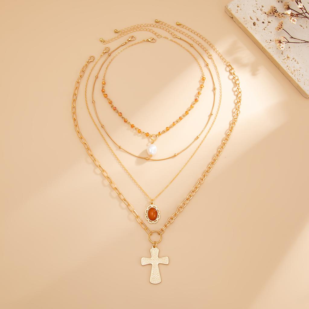 Salircon 4Pcs/set Punk Jesus Cross Imitation Pearl Pendant Necklace Women Vintage Gold Color Geometric Chains Y2K Jewelry Gifts