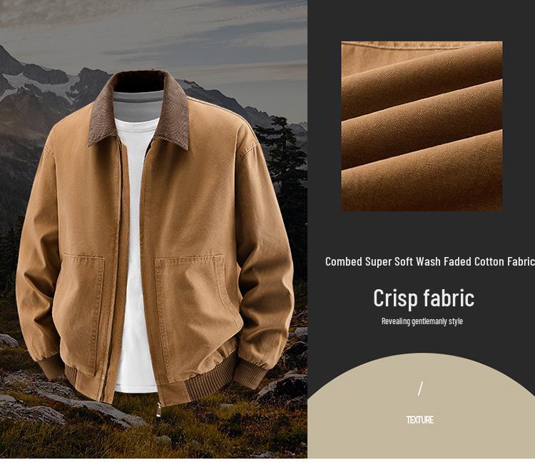 2026 Men's Pure Cotton Lapel Jacket: Trendy American Casual Workwear Style for Spring and Autumn.